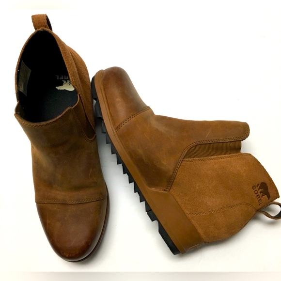 Sorel Evie Chelsea Leather Boots 10 Brown Slip On Fall Winter Flat Boots - Picture 1 of 14